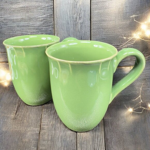 Pierre Deux Ceramic Coffee Mug Cup Set 2 Green Glaze Mugs Cups France Vintage - Picture 1 of 15
